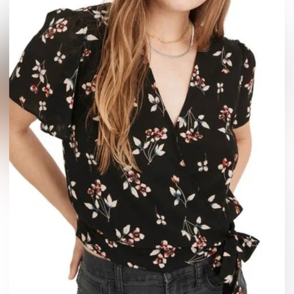 Madewell Black Floral Tie-Wrap Blouse